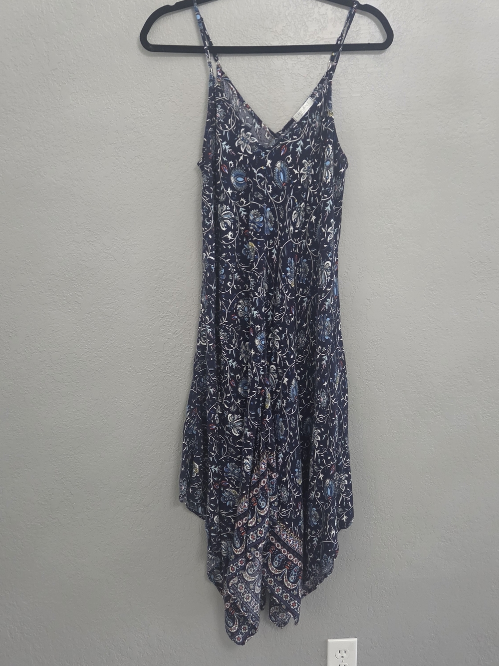 Navy Floral Paisley Handkerchief-Hem Maxi Dress